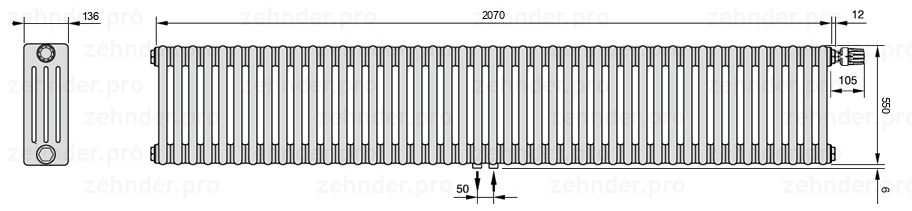 Схема (чертеж) Радиатор Zehnder Charleston 4055/45 №V008 Белый глянцевый RAL 9016